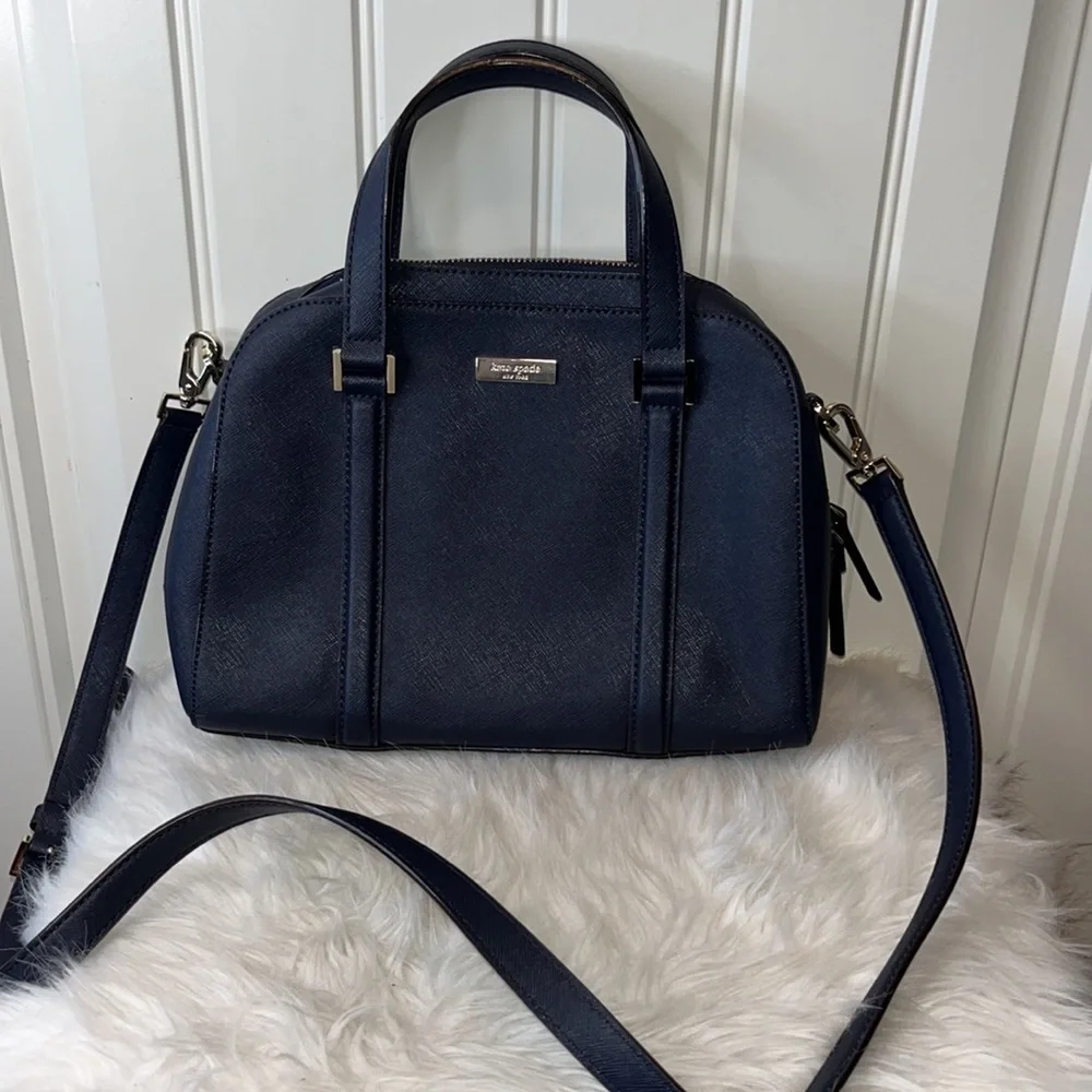 Kate Spade Small Felix Satchel purse Bag pebbled leather Navy blue classic